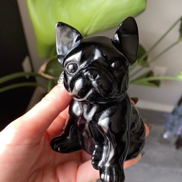 Large Black Obsidian Dog Crystal | Natural Stone Carved and Polished French Bulldog | Metaphysical Animal Home Decor