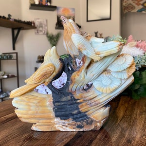 2lb Caribbean Calcite Birds in a Tree Crystal | Carved Natural Stone Finch Wren Birds With Flowers | Metaphysical Animal Home Decor
