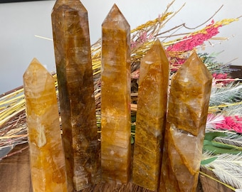 XL Golden Healer Quartz Crystal Tower Point Generator | Yellow Hematoid Quartz |  Metaphysical Healing and Home Decor