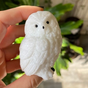 May include: A small, white owl figurine with black eyes and a textured surface. The owl is held in a hand against a blurred background of green foliage. The figurine is a decorative item.