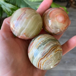 Green Onyx Sphere Crystal Small | Natural Banded Stone Carved & Polished Sphere | Metaphysical Healing Home Decor