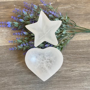 Selenite Heart and Star Charging Bowls | Polished Smooth Crystal Bowl Charging Station | Metaphsyical Healing and Home Decor