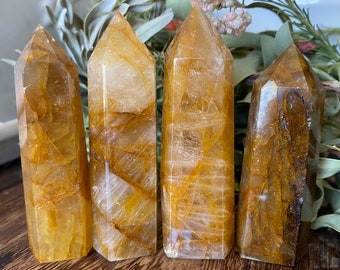Golden Healer Quartz Crystal Tower Point Generator | Yellow Hematoid Quartz |  Metaphysical Healing and Home Decor