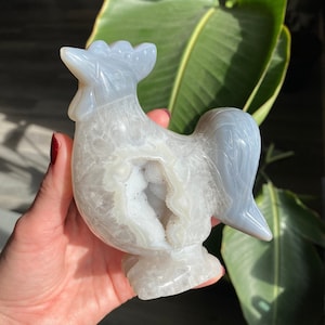 Op de afbeelding: Een gebeeldhouwd haanbeeldje in grijstinten en wit. De sculptuur heeft een uitgehold midden gevuld met sprankelende kristallen. De kam en staart van de haan zijn lichtgrijs van kleur. Het beeldje wordt in een hand gehouden.