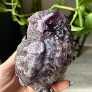 1.8lb Chevron Amethyst Owl Crystal | Dream Amethyst Natural Stone Carved and Polished Owl | Banded Amethyst | Metaphysical Animal Home Decor