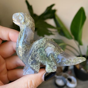 Moss Agate Dinosaur Crystal | Natural Carved Moss Agate Stone Brontosaurus  | Harmony | Abundance | Metaphysical Animal Witchy Home Decor