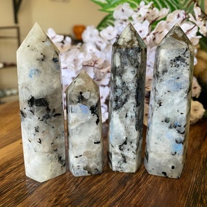 Rainbow Moonstone Tower Natural Carved Crystal Point | Gemstone Generator | Metaphysical Home Decor