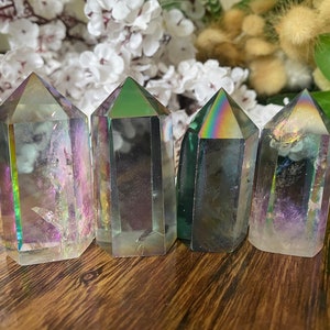 Rainbow Aura Clear Quartz Crystal Tower Point Generator | Metaphysical Healing and Home Decor