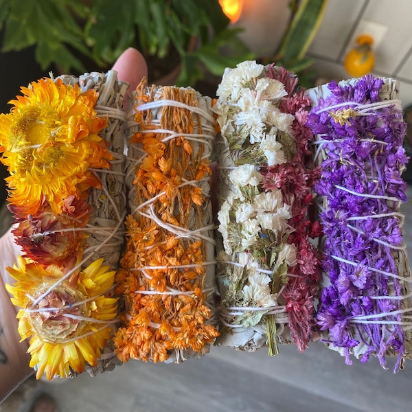 White Sage Individual Smudge Stick 4" to 9" | Flower Floral Sage Rose and Sinuata | Home and Crystal Cleansing | Abalone Shell Smudge Bowl