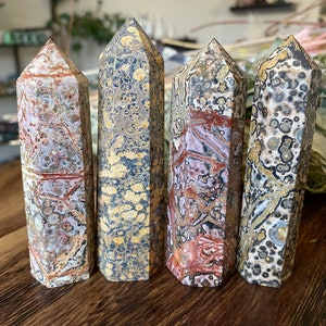 Leopard Skin Jasper Tower Natural Carved Stone Point | LeopardSkin Red Jasper Generator | Jaguar Stone