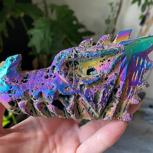 Aura Sphalerite Dragon Head Crystal | Natural Stone Carved & Polished Dragon Skull with Aura Coating | Metaphysical Animal Home Decor
