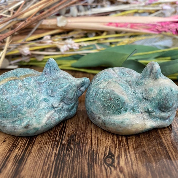 Amazonite Sleeping Cat Crystal | Natural Carved and Polished Stone Sleepy Kitty | Metaphysical Witchy Animal Home Decor