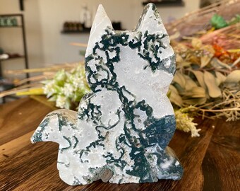 Moss Agate Cat Crystal | Moss Agate Natural Stone Kitty Outline | Metaphysical Animal Home Decor
