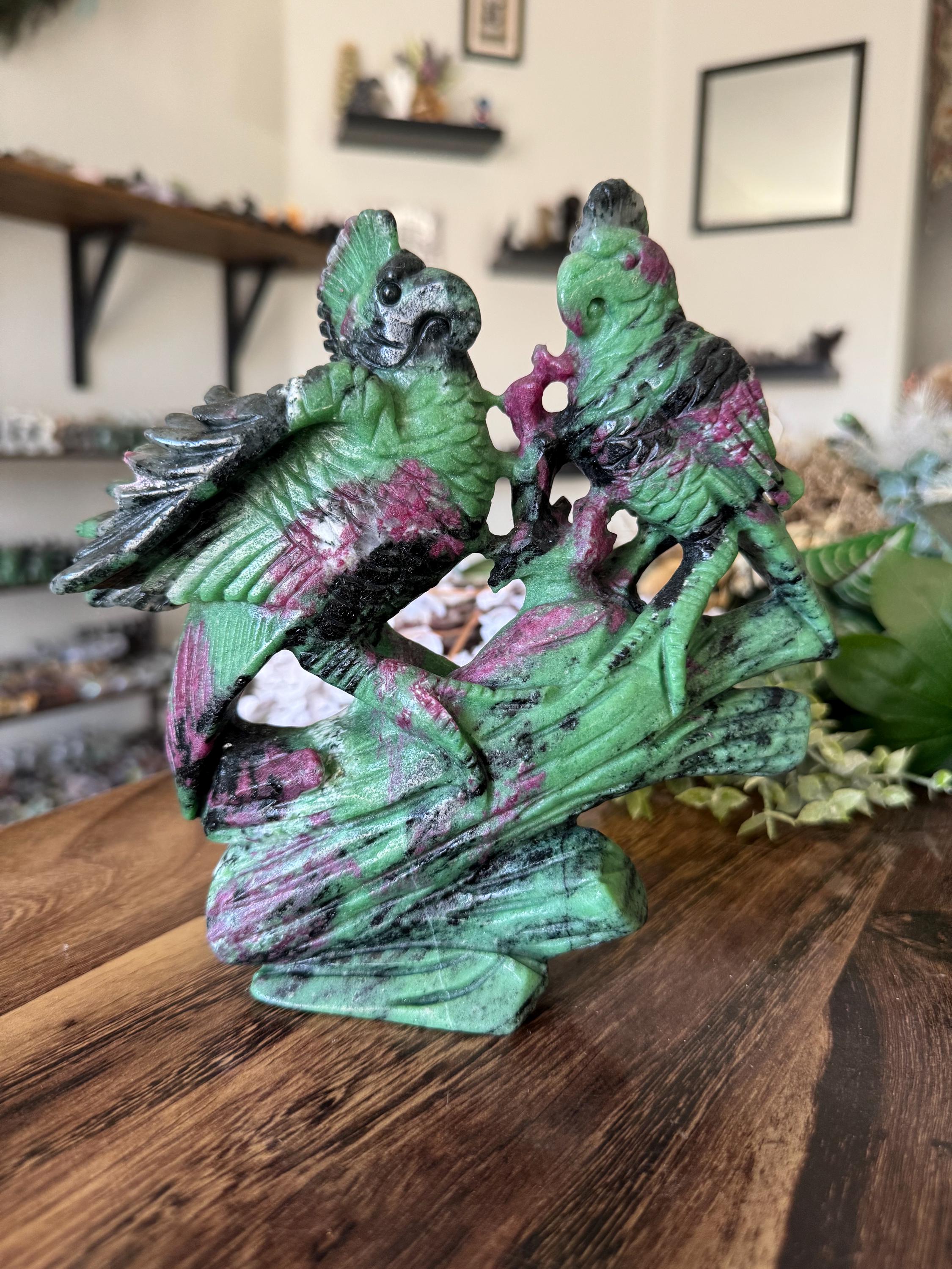 3.3lb Ruby Zoisite Birds Crystal | Anyolite Carved Parrots in a