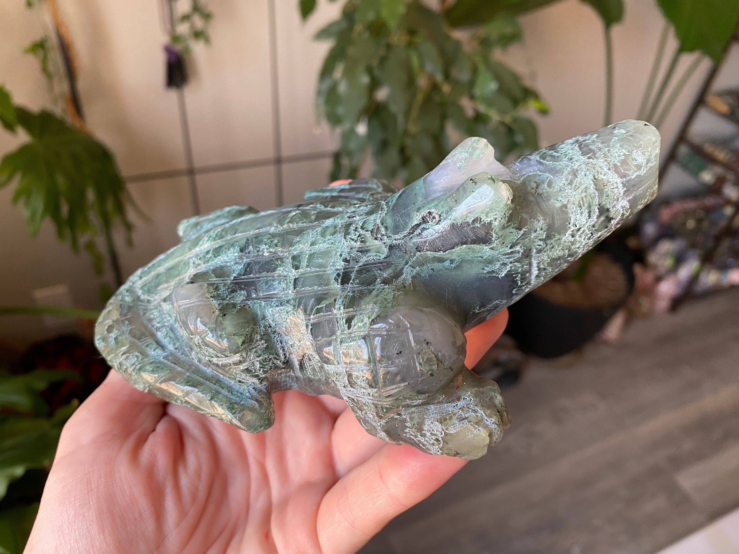1.1lb Moss Agate Alligator Crystal | Polished Carved Natural Stone