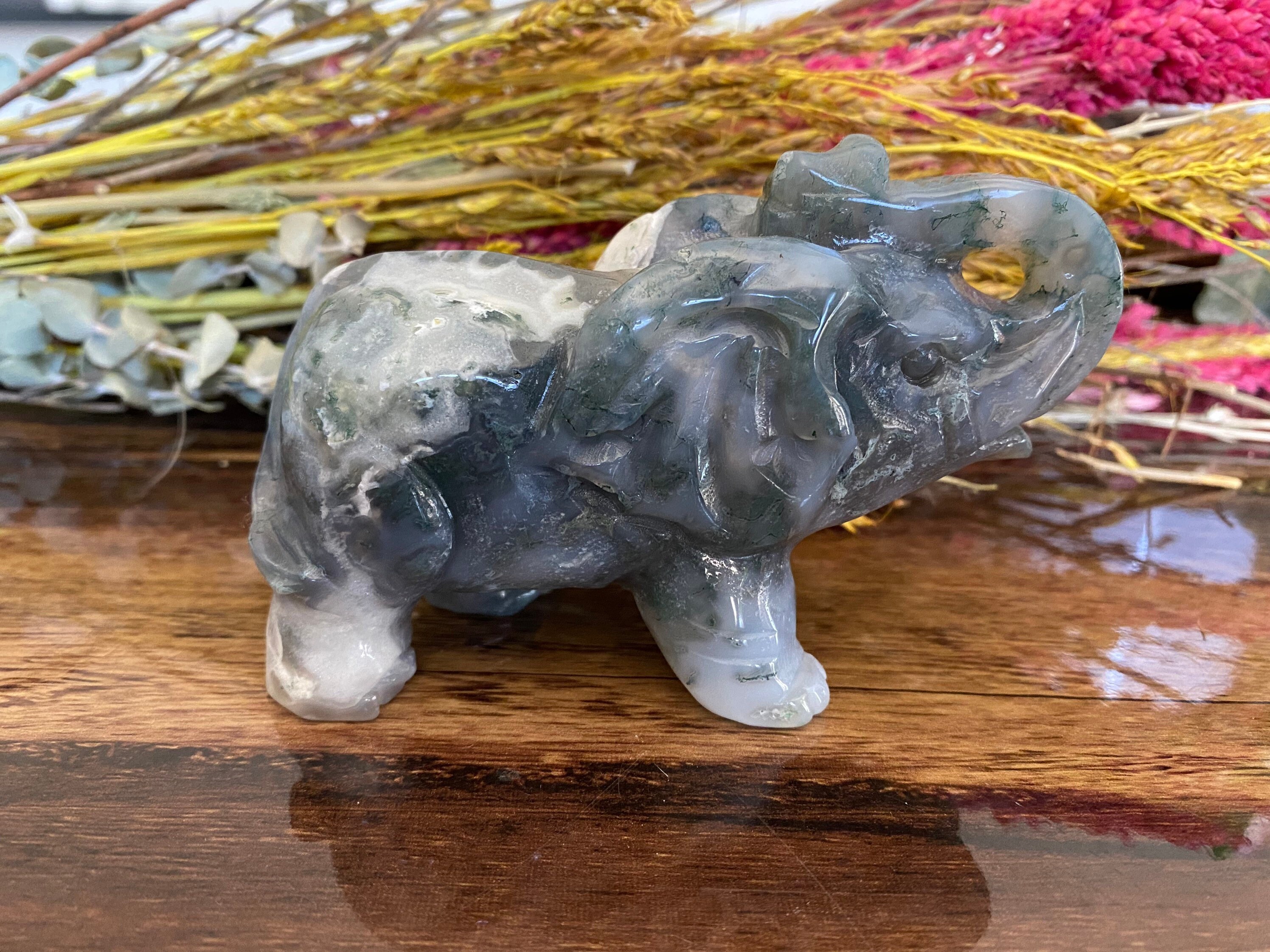 モスアゲート フレイム 置物 2点セット モスアゲート 象のクリスタル