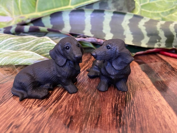 Black Obsidian Dachshund Crystal | Natural Stone Carved Dog