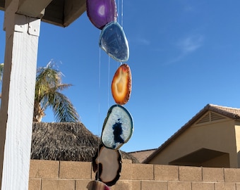 Agate Geode Wind Chime Crystals | Rainbow Pink Purple Blue or Natural Available | Outdoor Garden Windchime | Healing Home Decor