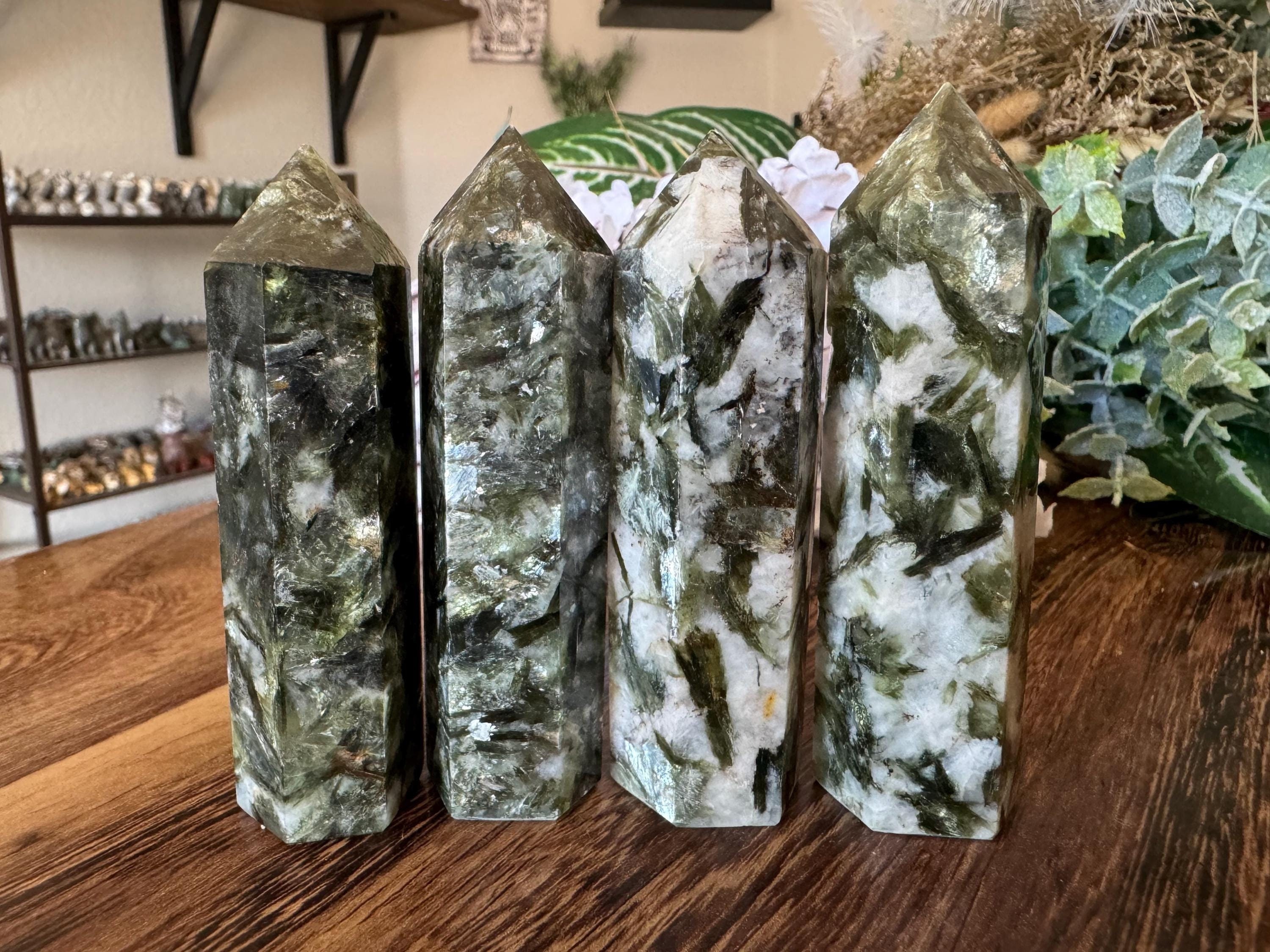 Green Tourmaline & Mica in Quartz Tower Point | Natural Verdilite Green Tourmaline & Mica in Quartz Tower Point | Natural Verdilite