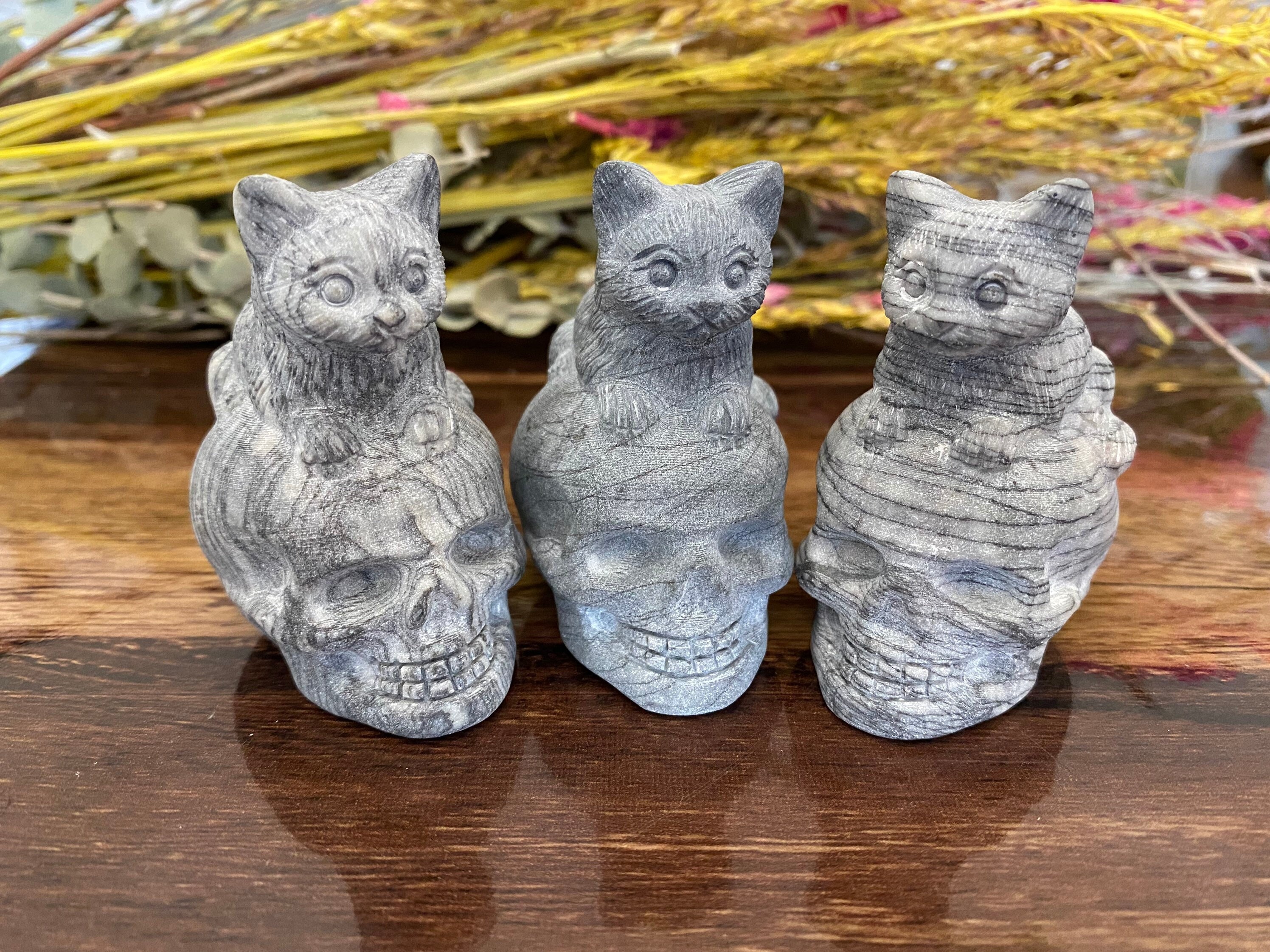 Black Vein Jasper Skull & Cat | Carved Stone Kitty Metaphysical Animal Home Decor