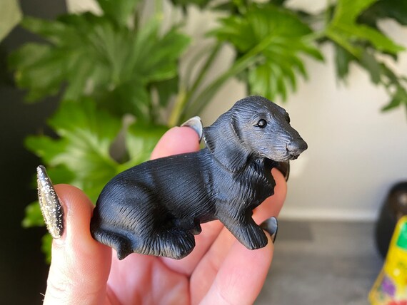 Black Obsidian Dachshund Crystal | Natural Stone Carved Dog