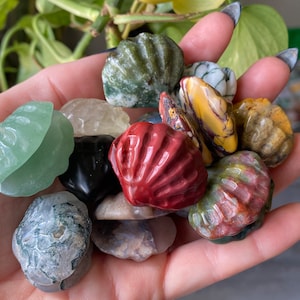 May include: A collection of carved gemstone shells in various colors, including green, red, yellow, and black. The shells are held in a hand, showcasing their intricate details and natural variations. The gemstones appear to be polished.