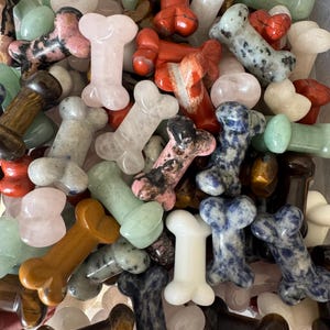 Può includere: Una collezione di figurine a forma di osso di cane in pietra scolpita in vari colori e motivi. L'assortimento comprende pezzi nelle tonalità di verde, rosa, rosso, bianco, marrone e blu. Le figurine sono realizzate in diversi tipi di pietra.