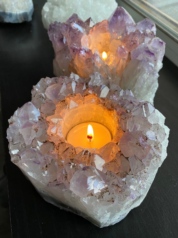 Amethyst Crystal Candle Holder | Crystal Healing Home Decor | Tea Light Candle Holder