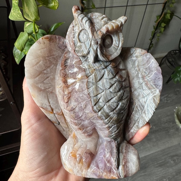 Búho de cristal grande de 2,2 lb de amatista y ágata, tallado y pulido en piedra natural, animal metafísico de bruja para decoración del hogar.