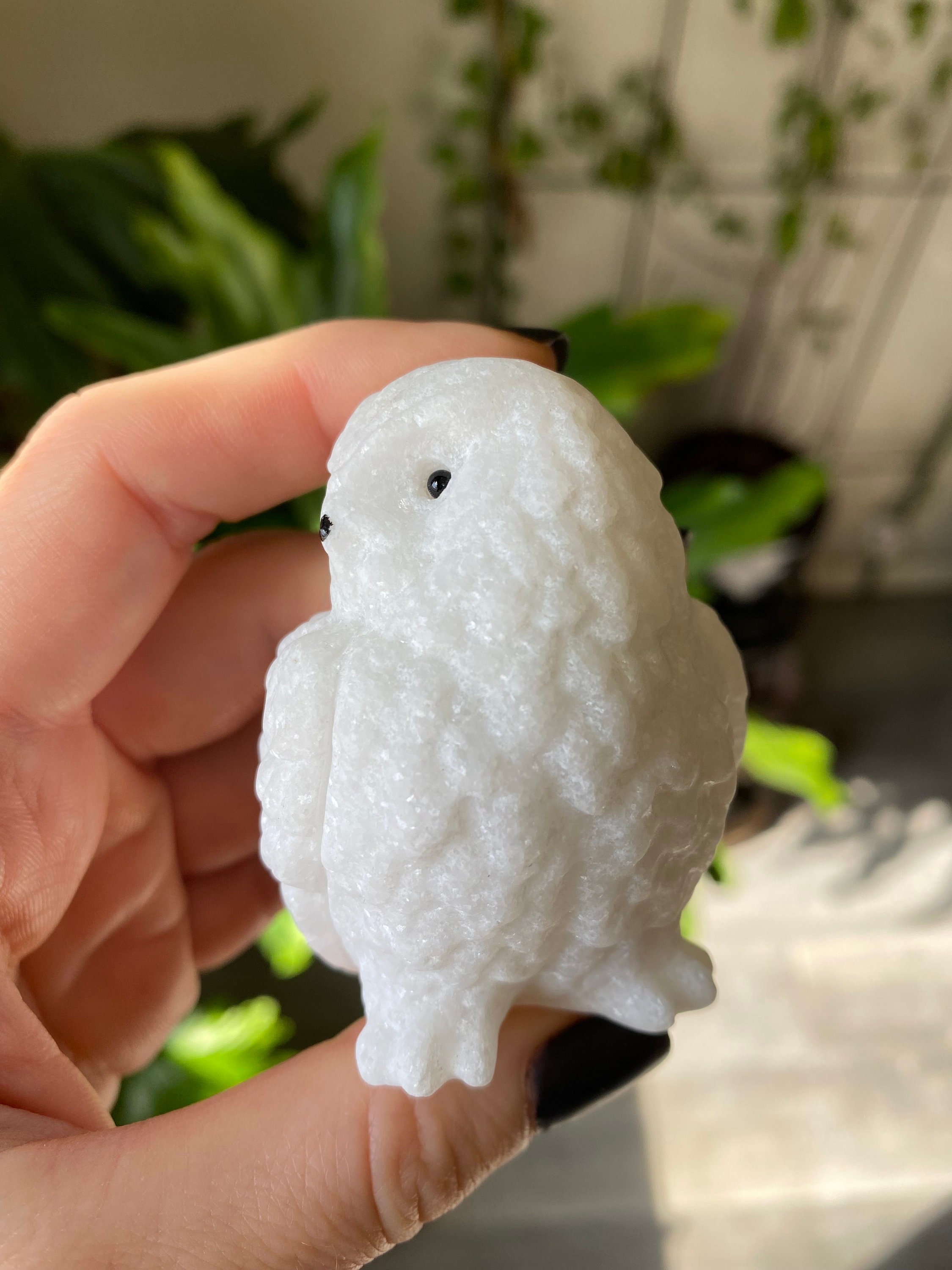 White Jade Owl Crystal | Natural Stone Carved White Snow Owl