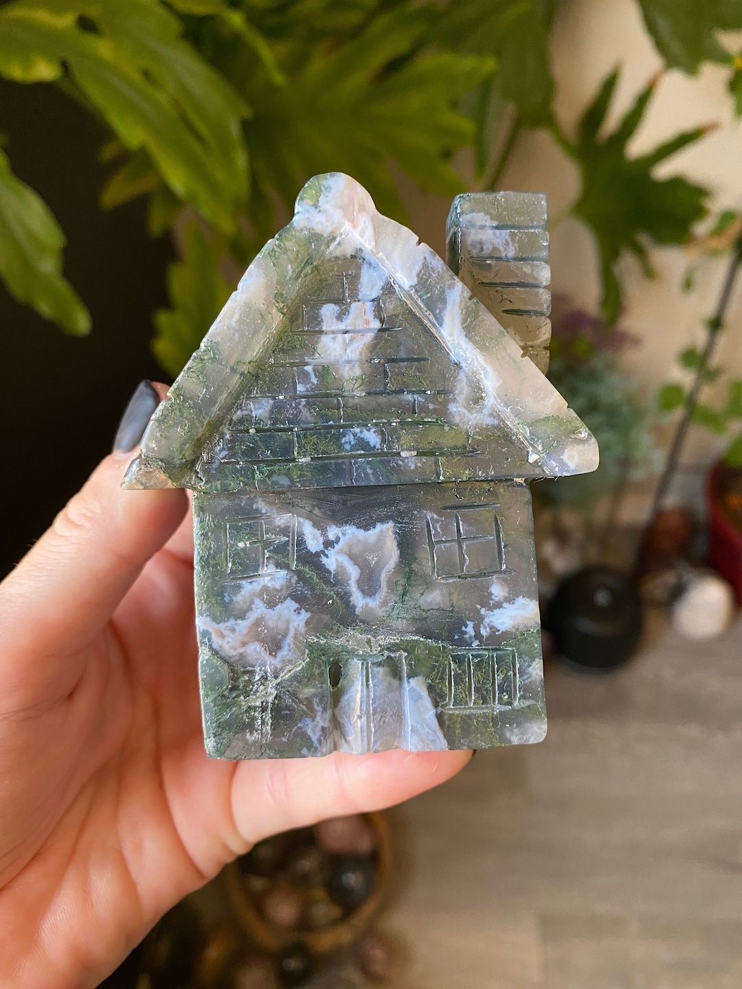 Moss Agate Cottage Crystal | Polished Carved Natural Stone Fairy House | Metaphysical Witchy Whimsical Home Decor