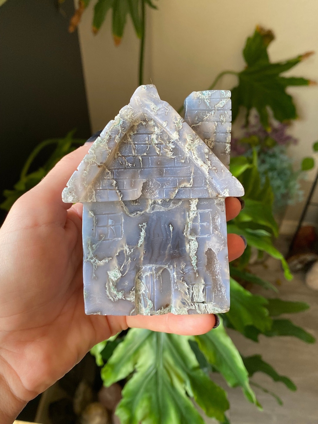 1.3lb Moss Agate Cottage Crystal | Polished Carved Natural Stone Fairy House | Metaphysical Witchy Whimsical Home Decor