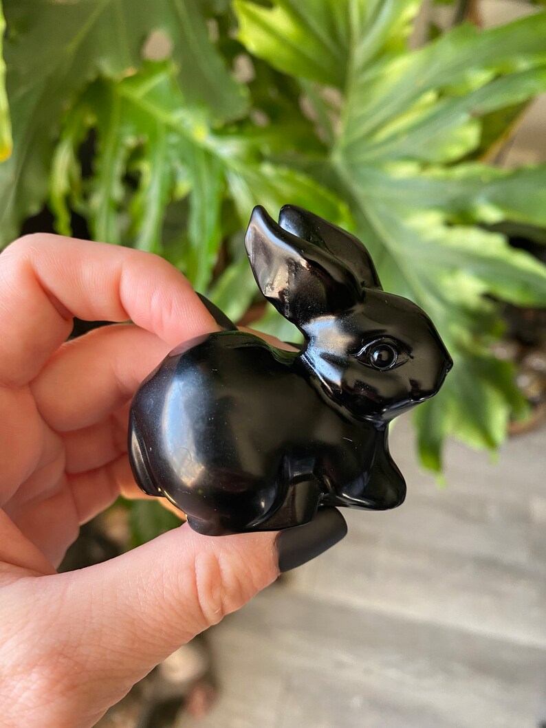Black Obsidian Rabbit Crystal | Natural Stone Carved & Polished Cute ...