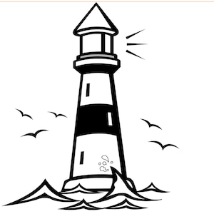 Può includere: Un'illustrazione in bianco e nero di un faro con un raggio di luce che brilla dalla cima. Il faro è situato nell'oceano con onde che si infrangono intorno ad esso.