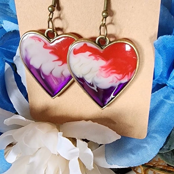 Handmade Heart shape earrings with red, white and purple pigments