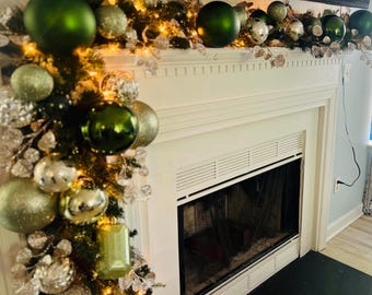 Ghirlanda natalizia verde e oro champagne da 3,6 metri, ghirlanda luminosa per camino con ornamenti di grandi dimensioni, decorazione natalizia fatta a mano.
