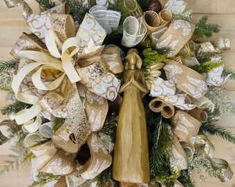 Elegant Gold Angel Christmas Wreath Neutral Christmas Door Wreath Praying Angel Holiday Wreath Luxury Gold Ivory Winter Front Door Decor