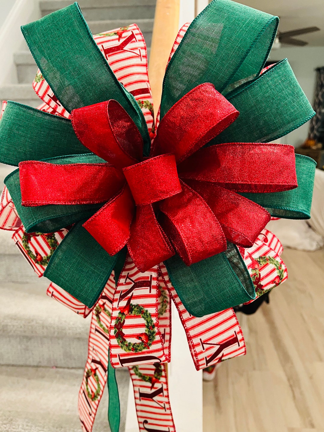 Christmas Bow Tree Topper Ribbon Joy Bow Red and Green Etsy