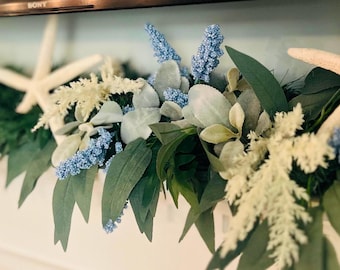4 Foot Coastal Mantel Garland Starfish Eucalyptus Blue Ivory Spring Summer Beach Home Decor Fireplace Shelf Decor