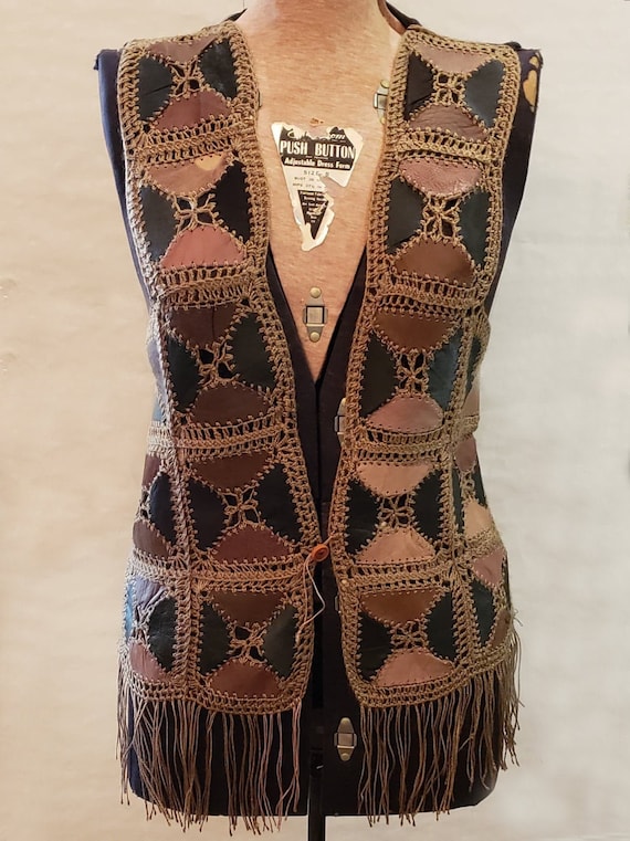 Vintage 1970s Crochet Leather Fringe Vest