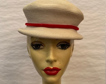Vintage 1940s Lehrer White Straw Hat With Red Velvet Ribbon