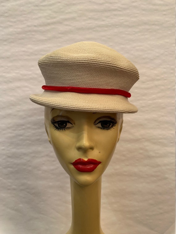 Vintage 1940s Lehrer White Straw Hat With Red Velvet Ribbon  display picture 1