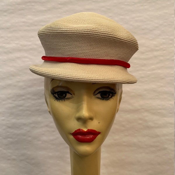 Vintage 1940s Lehrer White Straw Hat With Red Velvet Ribbon