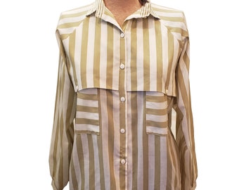 Vintage White and Tan Striped Button Up Blouse with Unusual Pockets