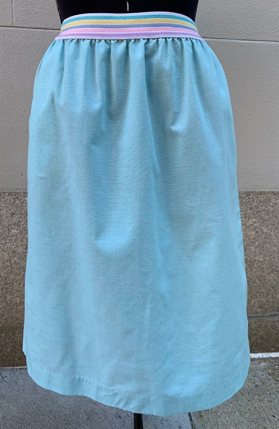 Vintage 1980s Blue Cotton Skirt With Rainbow Waist
