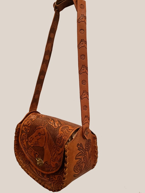 Vintage 60's Honey Brown Mexican Tooled Leather Horse Western Saddle Bag Purse main image 1