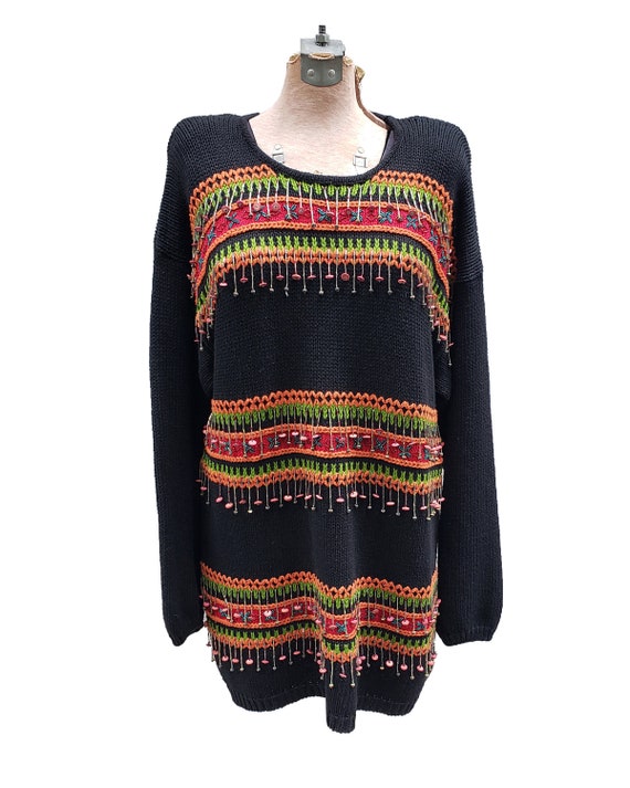 Quirky Vintage 1980s Colorful Beaded Fringe Sweate