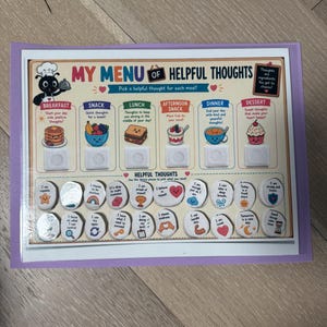 May include: A rectangular chart titled My Menu of Helpful Thoughts with a purple border. It features six meal categories with illustrations and Velcro squares for attaching small, round tokens printed with positive affirmations and icons.