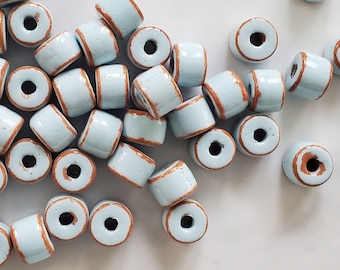 Ceramic Glass Short Tube Beads | Light Blue and Brown | Terracotta | From Mykonos Greece | 8x7mm | 10pcs