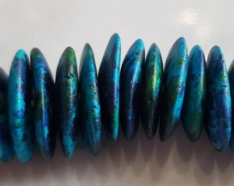 Blue Teal Green Flat Cornflake Chip Beads | Ceramic Mykonos Greek Beads | 13mm | DIY Jewelry Bracelet Necklace